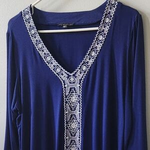 Adrianna Papell Embroidered Blue Women's Top Boho Peasant Hippie Blouse